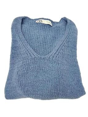 Zara Women's V-Neck Knit Sweater Blue Oversized Soft Pullover Women's Size Small
